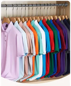 A wide selection of colorful cooling slim-fit Polo shirts hanging neatly in a wardrobe