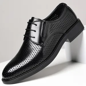 Men's Business Formal Leather Shoes Summer Hollow Breathable Perforated Office Dress Shoes Black Lace Up Derby Shoes