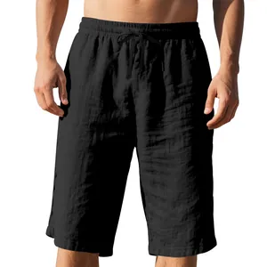 Detail of black linen drawstring shorts for men with elastic waist