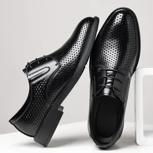 Black men's formal business dress shoes featuring a breathable hollow-out summer design