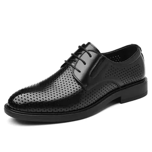 Professional black breathable hollow-out men's leather business dress shoes for summer
