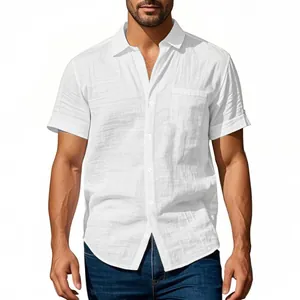Close-up of white linen short sleeve shirt featuring front pocket and lapel collar