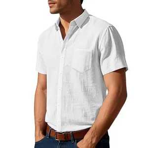 Men's premium white linen short sleeve shirt with casual lapel and chest pocket