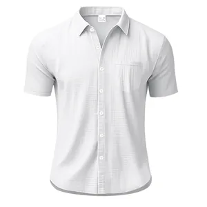 Front view of men's short sleeve linen shirt with textured fabric and chest pocket