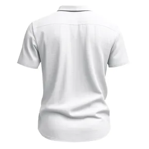 Detailed back view of a white short-sleeve linen shirt featuring a turn-down collar