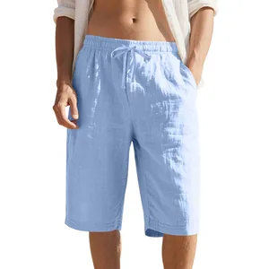 Detail of light blue linen-like casual shorts with drawstring elastic waist for men