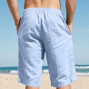 Back view detail of men's breathable light blue linen shorts for casual beach wear
