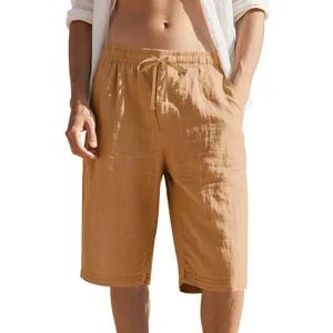 Detail shot of men's breathable linen shorts with drawstring elastic waist