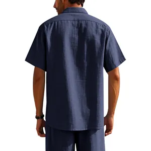 Relaxed fit men's blue linen short-sleeve shirt back view showing texture and cut