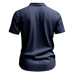 Detailed back view of men's short-sleeved navy linen shirt with a classic fold-over collar