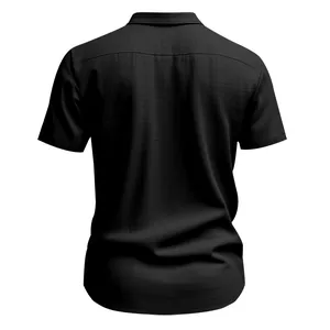 Back view detail of a men's black short-sleeved casual linen shirt with textured fabric.