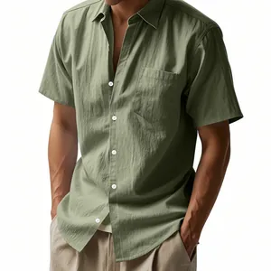 Detailed view of men's casual olive green linen short sleeve shirt with chest pocket