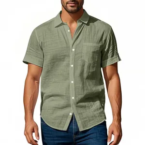 Detail view of men's casual short-sleeve linen shirt with lapel and front pocket.