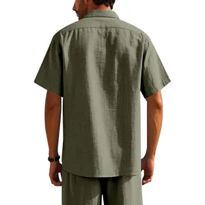 Back view of men's olive green linen short sleeve shirt showing relaxed fit and texture