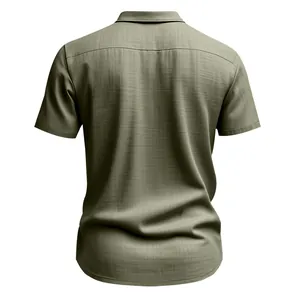 Back view of a casual olive green short-sleeve linen shirt showing slub texture.