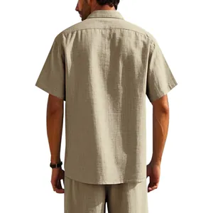 Back view of men's casual short sleeve linen shirt in khaki with a relaxed fit design