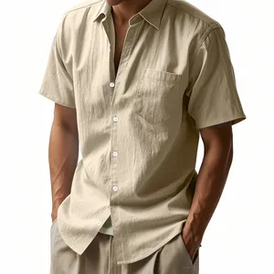 Close-up of a men's khaki linen shirt featuring a chest pocket and natural fabric texture.