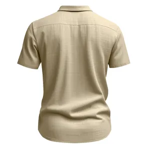 Close-up back view of men's beige short sleeve linen shirt showing natural fabric texture