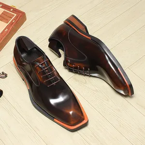 Chaussures Oxford en Cuir de Vache Homme Bout Carré Brillant Chaussures Business avec Bordure de Semelle Orange pour Mariage