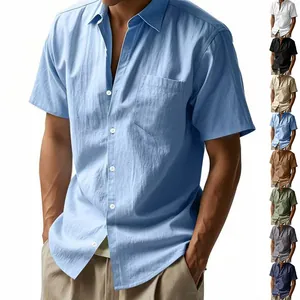 Men Casual Linen Short Sleeve Shirt Loose Fit Lapel Button Down Top With Pocket Breathable Summer Vacation Solid Shirt