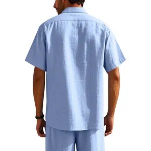 Back view of a men's light blue short-sleeved linen shirt with a loose casual fit design