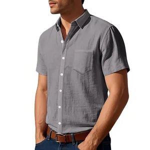 Professional detail view of grey short sleeve linen shirt for men with chest pocket