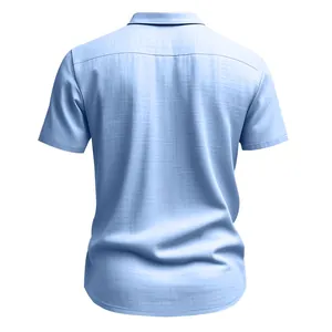 Back view of a light blue casual linen short sleeve shirt for men with slub texture