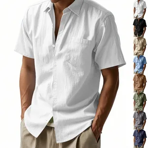 Herren Lässig Leinen Kurzarm Hemd Lockere Passform Revers Button-Down Strand Top Atmungsaktiv Sommer Solide Textur Kleidung