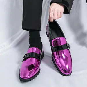 Mocassini da Uomo in Stile Britannico in Similpelle Lucida Monk Strap Senza Lacci Scarpe Casual Business Con Fibbia in Metallo Scarpe Basse a Punta