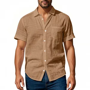 Detailed view of a casual men's khaki linen short sleeve shirt with chest pocket