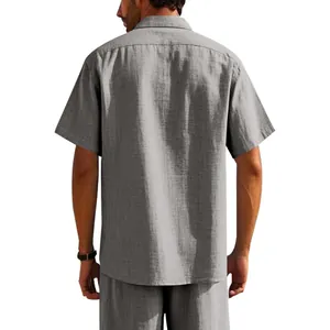 Detailed back view of men's casual gray linen short-sleeve shirt with fabric texture.