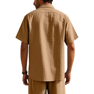 Back view of a men's khaki linen short sleeve shirt and matching shorts set.