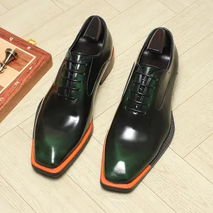 Chaussures Oxford haut de gamme en cuir dégradé vert pour hommes avec bout carré