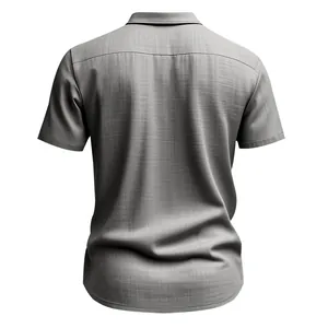 Back view of a grey casual short sleeve linen shirt for men with textured fabric.
