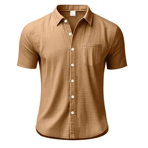 Close-up of men's casual short sleeve linen shirt in brown with chest pocket