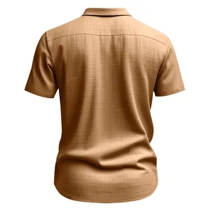 Men's khaki short sleeve linen casual shirt back view with minimalist texture design