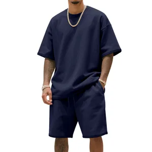 Conjunto de camiseta y pantalones cortos de algodón azul marino para hombre deportivo