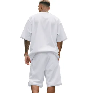 Rear view of mens premium white oversized heavyweight cotton t-shirt and shorts set