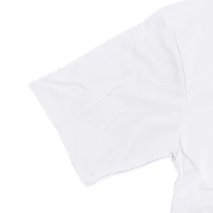 Close-up detail of the sleeve hem on a white heavy terry cotton short-sleeve t-shirt.