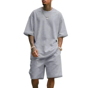 Men's grey heavy French terry oversized summer t-shirt and athletic shorts set.