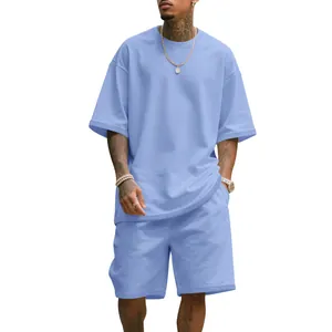 Loose fit light blue men's cotton sports set with short sleeve t-shirt and matching shorts