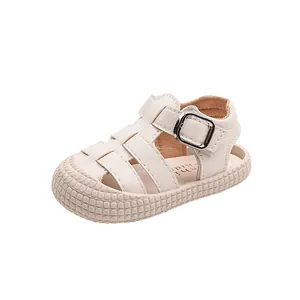White Korean style soft sole toddler sandals with closed-toe anti-kick design