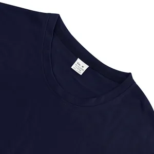 Detailed view of navy blue heavy cotton terry t-shirt neckline with M size label