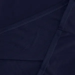Close-up showing the texture of navy blue heavy weight terry fabric and quality stitching.