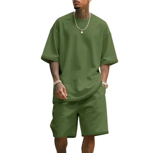 Oversized men's olive green heavy fleece short sleeve t-shirt and shorts lounge set