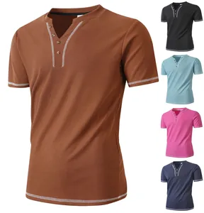 Selection of various colors for men's casual cotton V-neck short-sleeved Henley shirts