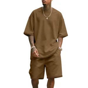 Men's summer heavyweight terry cotton loose sports t-shirt and short set in coffee brown