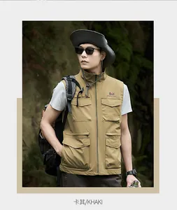 Functional men's khaki multi-pocket outdoor vest featured in a lush forest lifestyle setting