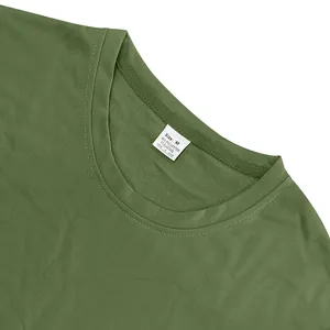 Detail shot of an army green heavy French Terry T-shirt neckline with size tag M