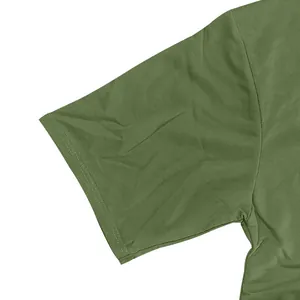 Close-up detail of olive green short sleeve cuff with textured ribbing on men's t-shirt